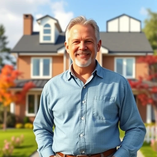 S.B. in front of his new home